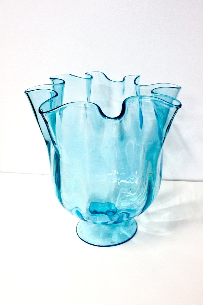 Blenko Hand Blown Aqua Art Glass Vintage BlueÂ Large: Blenko Hand Blown Aqua Art Glass Vintage BlueÂ Large Ruffled Vase Bowl 12â€ wide 11â€ tall