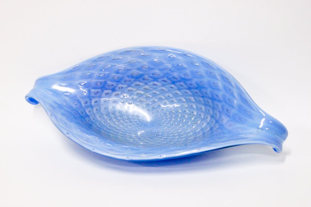 Vintage Murano Art Glass Blue Bubble Glass Decorative: Vintage Murano Art Glass Blue Bubble Glass Decorative Bowl. Identified, without sticker. Minor surface scuff on one end. 15" x 7" x 3.5"