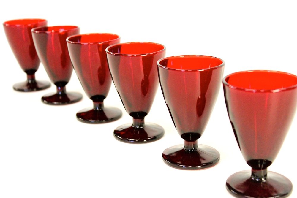 Antique Ruby Red Glass Shot Glasses (6) 3.5" tall: Antique Ruby Red Glass Shot Glasses (6) 3.5" tall