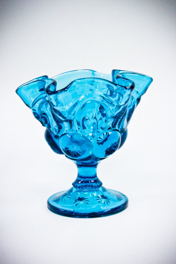 Blue Glass Compote moon stars 5"H: Blue Glass Compote moon stars 5"H