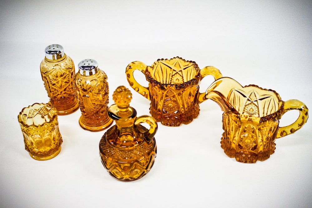 Amber Cut Glass Collection Salt Pepper Shakers: Amber Cut Glass Collection Salt Pepper Shakers Toothpick Holder Creamer Sugar Bowl Cruet