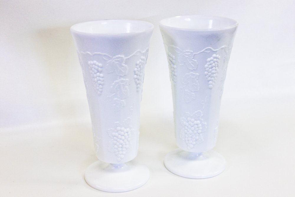 1950s Indiana Glass/ Lancaster Colony Milk Glass: 1950s Indiana Glass/ Lancaster Colony Milk Glass Harvest Grape Pattern Large Vases (2) 10"