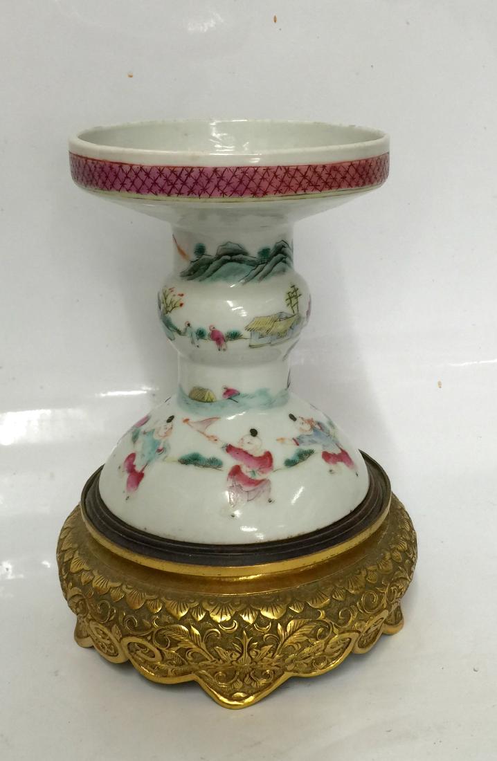 Famille rose candle holder with bronze base (1 of 7)