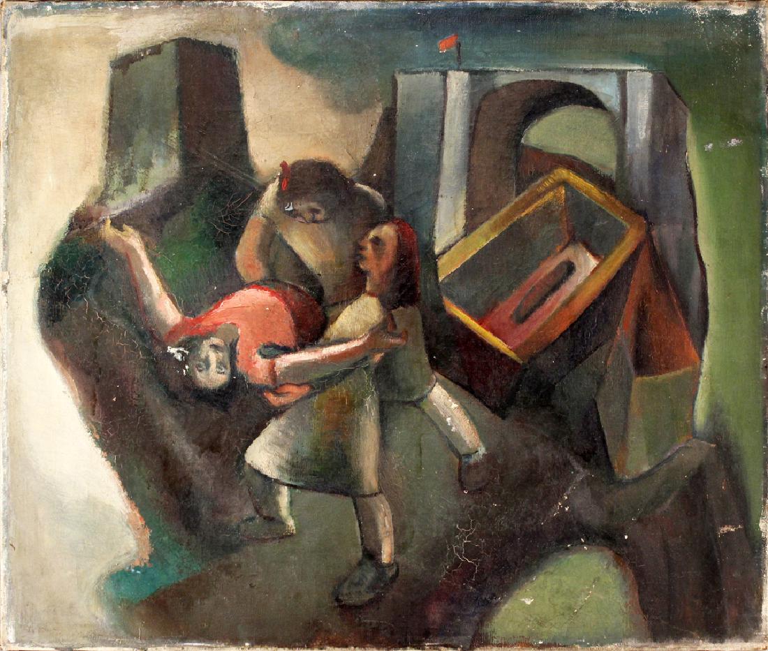 Ben Wilson (American 1913-2001 ) WPA Artist Oil on: Abstract with figures. Not framed. H: 22 x 26 inches. Shipping weight. 2 lbs.
