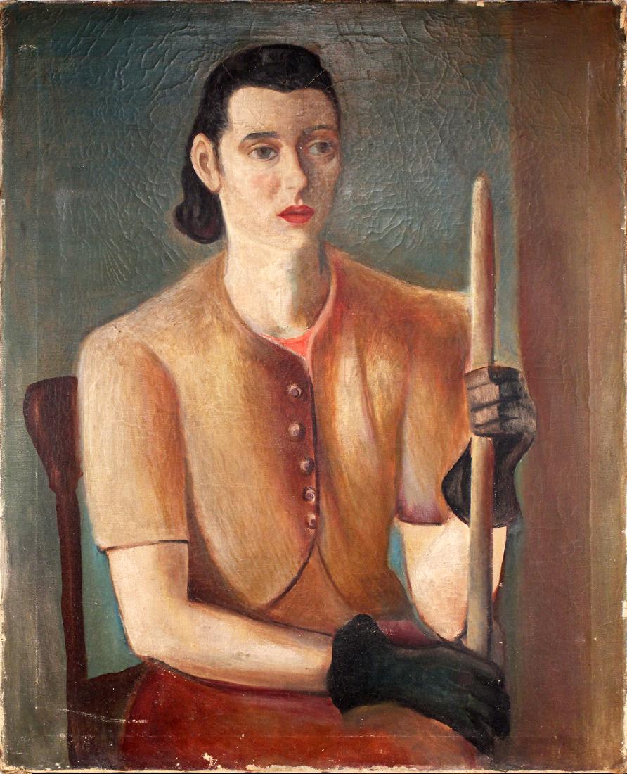 Ben Wilson (American 1913-2001) Oil on Canvas: Depicting woman wartime factory worker. H: 36, W: 29 inches. Shipping weight. 2 1/2 lbs.