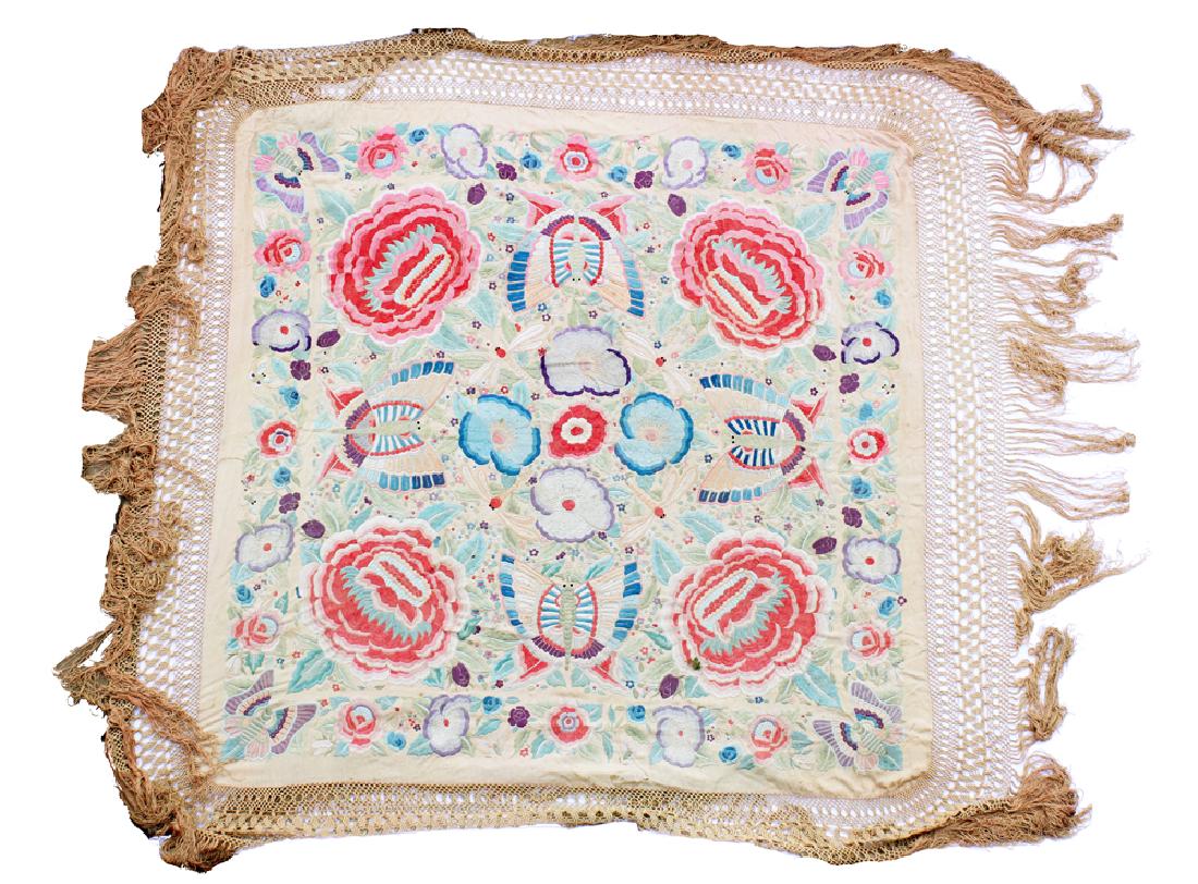 19th C. Chinese Qing Dynasty Embroidered Piano Shawl: Silk with embroidered large flowers and butterflies. 71 x 58 inches. Fringe 8 inches. Shipping weight 4 lbs.