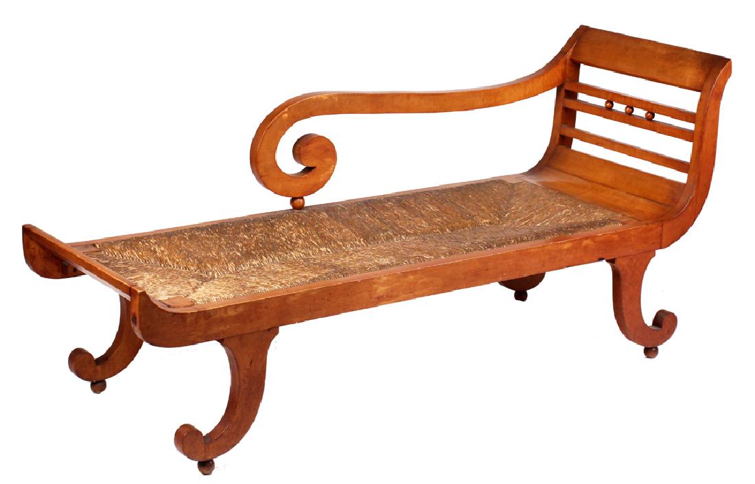 German Biedermeier Recamiere: 19th C. Having original rush seat, the body with curved legs resting on four ball feet. L: 67 1/2, W: 21 1/2, H: 31 inches.