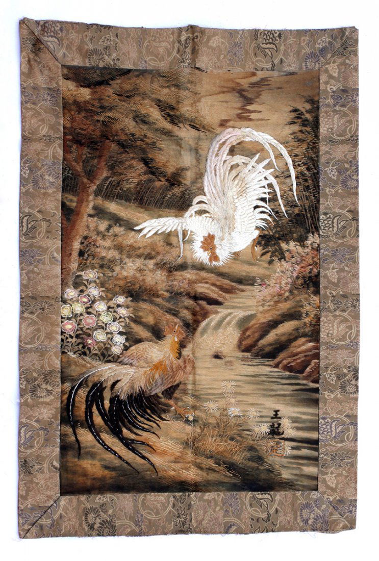Japanese Meiji Period Embroidered Silk Panel (1 of 2)