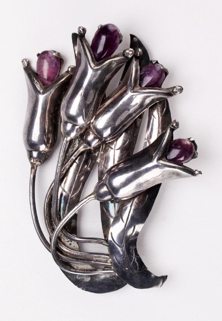 Mexican Sterling and Amethyst Tulip Brooch (1 of 3)