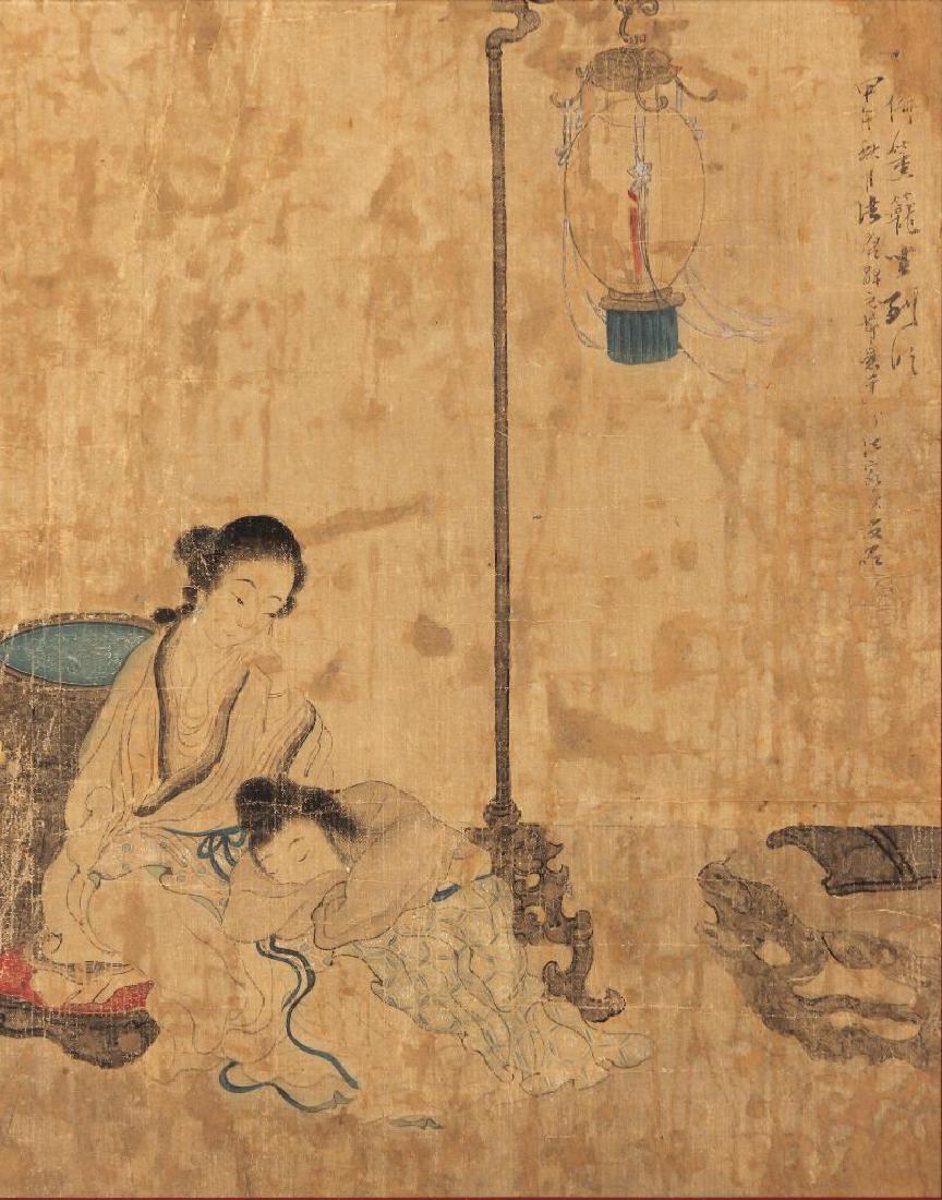 Chinese Qing Dynasty Ink & Color on Silk: Depicting courtesans reclining under a lantern. Framed, matted and under glass. Shipping weight: 3 lbs. Sight: 13 1/8 x 10 3/8; frame: 19 3/8 x 16 3/8 inches. Condition: Pigment loss, stains, and crea