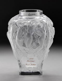 Lalique 1995 Hommage a Rene Lalique: Commemorative vase inscribed 1995, Hommagea Rene Lalique. Etched Lalique @ France mark along bottom. Condition: Excellent Height: 11 inches. Weight: 7 1/2 lbs. Circa: 1995