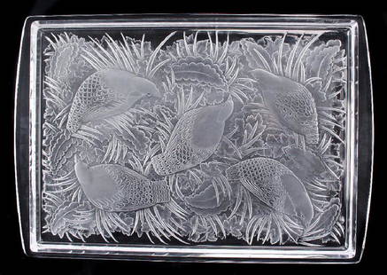 Lalique Bird Serving Tray: Hand etched mark on base: Lalique France. Size: 12 x 17 3/4 inches. Weight: 10 1/2 lbs.