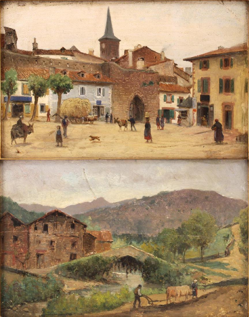 Pair of James Well Champney (American 1843-1903) Oil on: Both panels with of Pyrenee village scenes inscribed on the reverse in pencil: Village in the Pyrenees, Sketch by Wells Champney on both. Size: Board: 5 7/8 x 9 /14 inches. Frames: 10 1/4 x 13 1/2 inc