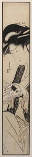 Utagawa Toyohiro (Japanese 1773-1828) Woodblock Pillar: Shipping weight 4 lbs. Size: Sight: 26 1/2 x 4 1/2; frame: 32 1/2 x 9 1/2 inches.