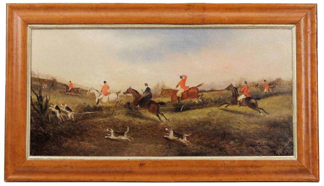 Phillip Henry Rideout ( British 1860-1920) Oil on: Artist signed lower right: P.H. Rideout dated 1892. In a birds eye maple frame. Size: Canvas: 12 x 23 3/4; Frame: 16 1/8 x 28 1/8 inches Weight: 3 lbs.