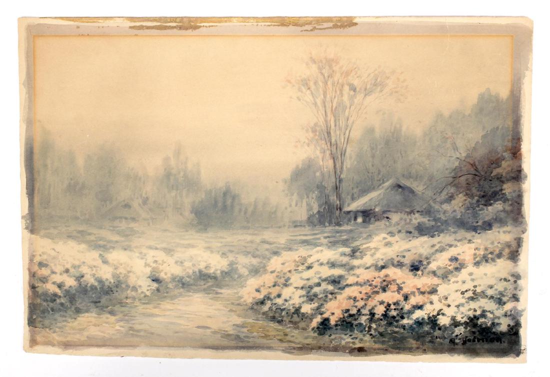A. Yoshida (Japanese 20th C.) Watercolor on Paper: Artist signed lower right: A. Yoshida. Size: 13 3/8 x 20 inches. Condition: Toned, matt burned, old tape residue to upper border, and small rip on left side. * Weight: 1 ounce. Size: 13 3/8 x 2