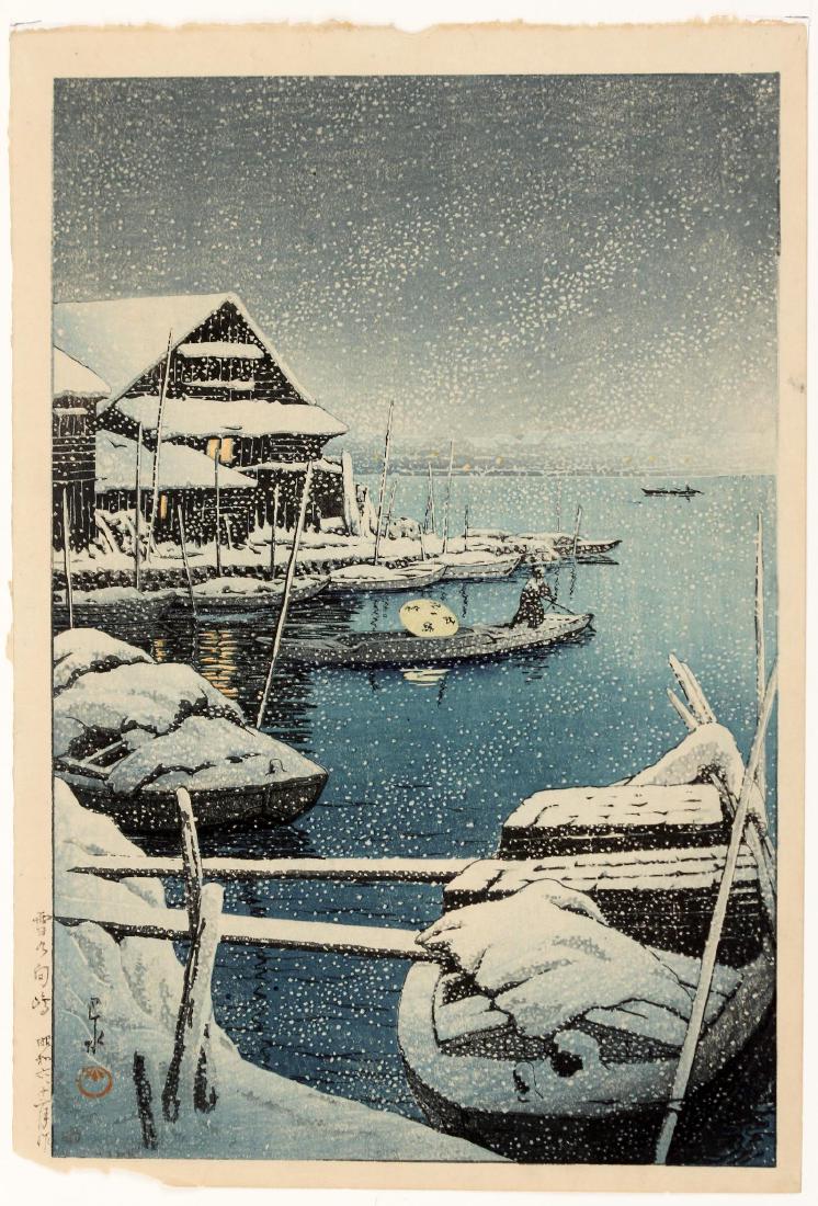 Hasui Kawase (Japanese 1883-1957) Woodblock Print Snow: Size: 15 1/4 x 10 3/8 inches. Condition: Paper loss to lower left corner. Very good impression. 