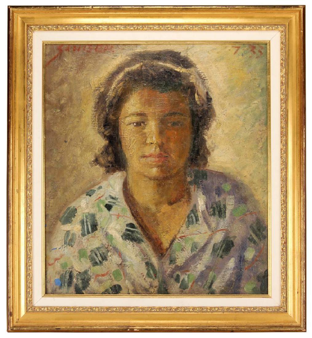 William Sanger (American 1875-1961) Oil on Masonite: Artist signed upper left: Sanger. Dated upper right: 7 33. Framed. Measurements: Board: H: 20; W: 17 3/8 inches. Frame: H: 25; W: 22 3/4 inches. Shipping weight: 7 lbs