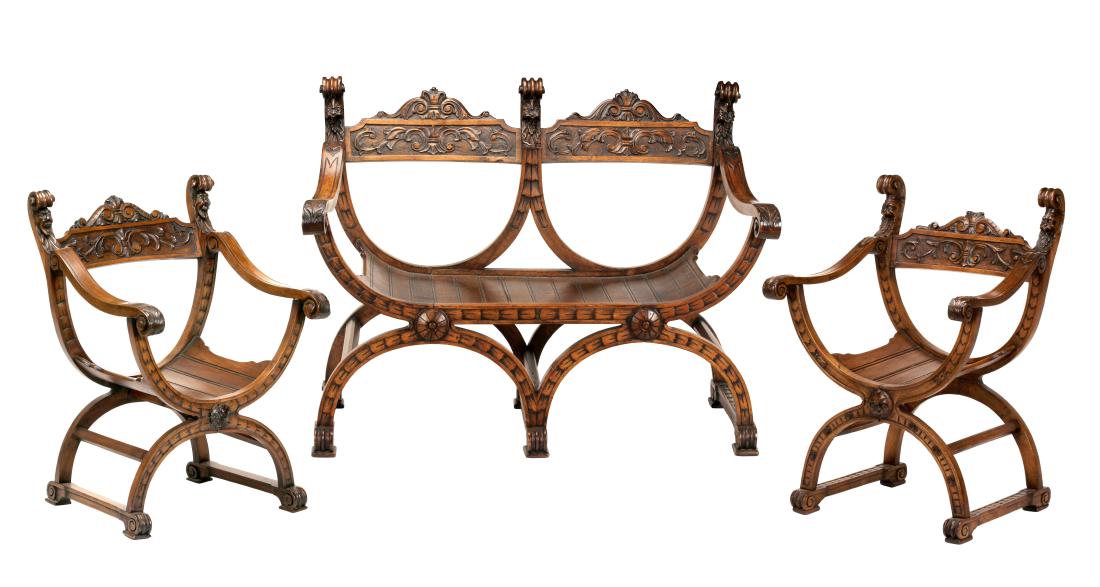 Italian 19th C. Walnut Savanarola Type Settee & Pair of: Size: Settee: H: 34 1/4; W: 44 3/4; D: 23 1/2 inches. Chairs: H: 33 3/8; W: 23 7/8; D: 20 1/2 inches. 