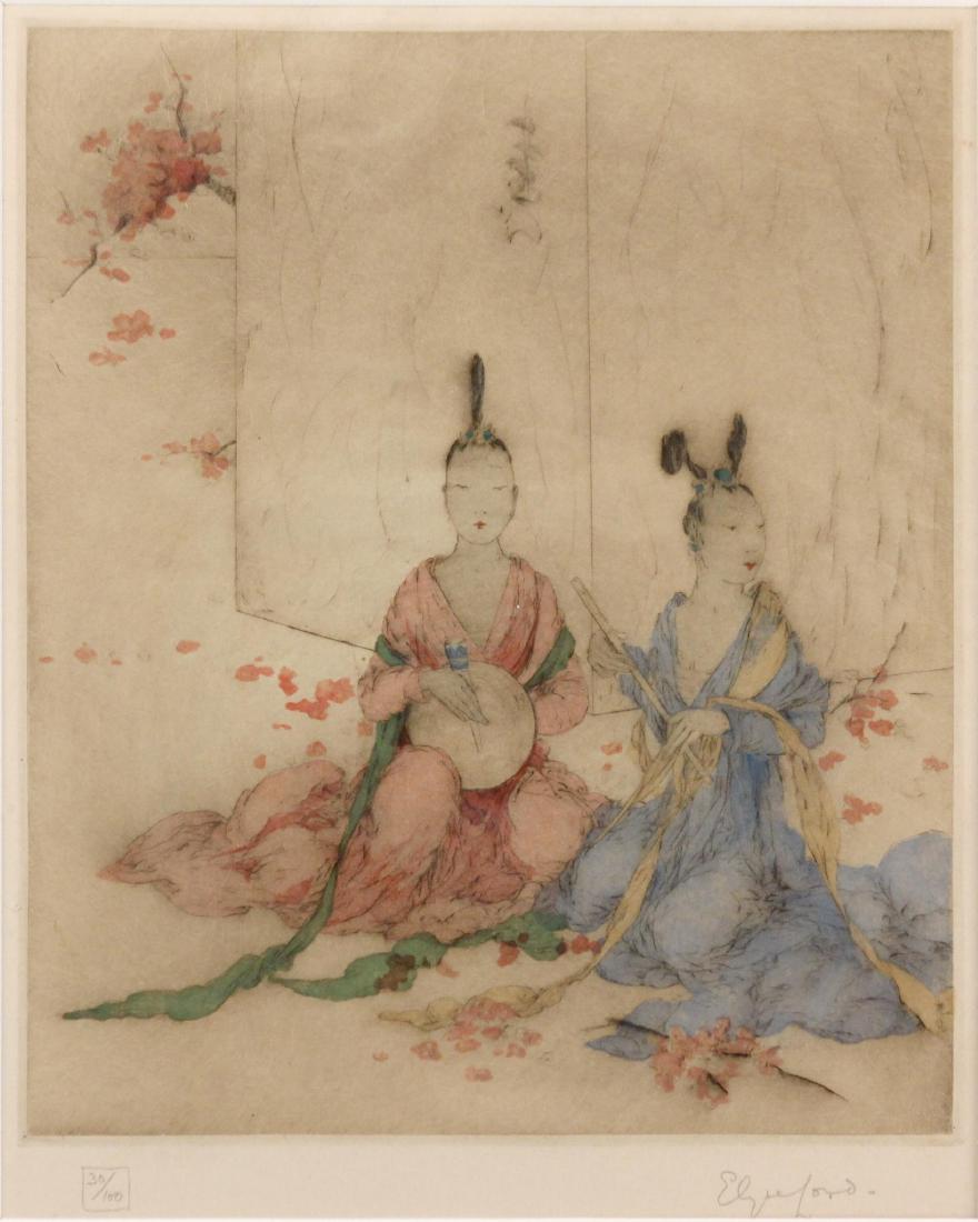 Elyse Lord (British ) Tinted Etching Springtime at: Pencil signed lower right: Elyse Lord, edition 30/100. Framed, matted and under glass. Size: Sight: 13 x 10 3/8; Frame: 19 1/4 x 16 3/4 inches. Condition: Good. Weight: 2 3/4 lbs.