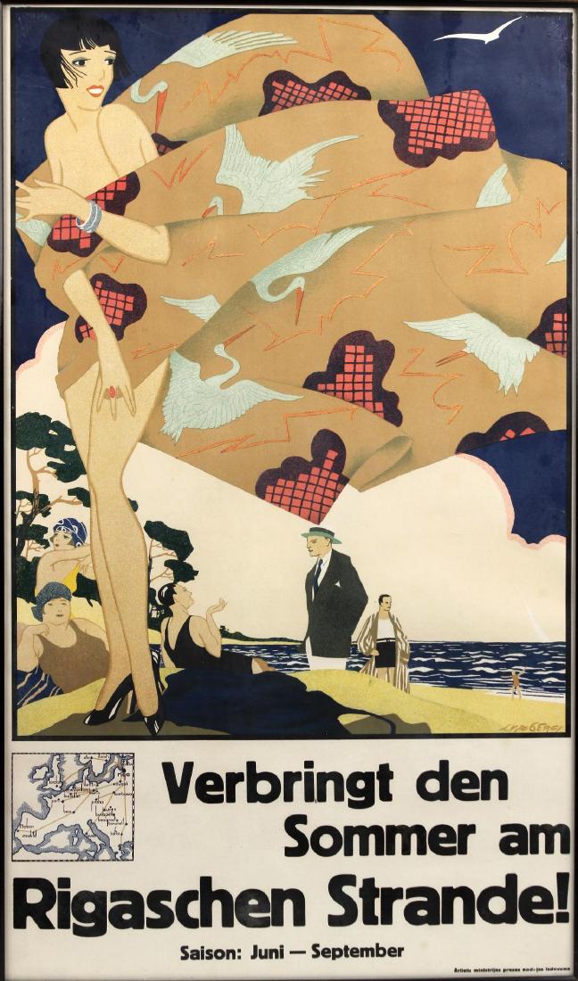 German/Latvian Lithographic Travel Poster: Travel poster for Rigas beach. Framed, matted and under glass. Size: Sight: 31 5/8 x 18 1/2; Frame: 33 1/2 x 20 1/2 inc Weight: 7 1/4 lbs. Condition: Good. 