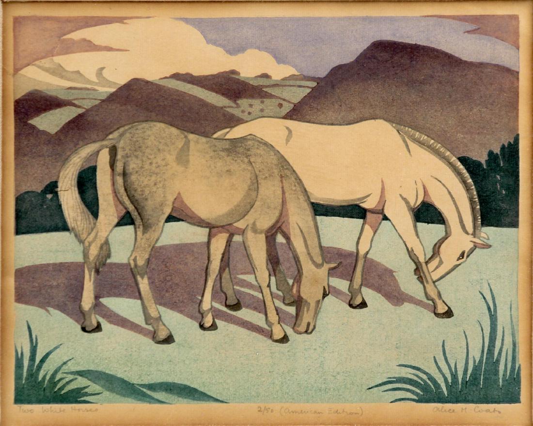 Alice H. Coats (20th C.) Lino Print Two White Horses: Artist signed, titled in pencil: Alice H. Coats, Two White Horses, American Edition 2/50. Size: Sight: 9 x 10 5/8; Frame: 17 x 19 1/2 inches. Weight: 4 3/4 lbs.