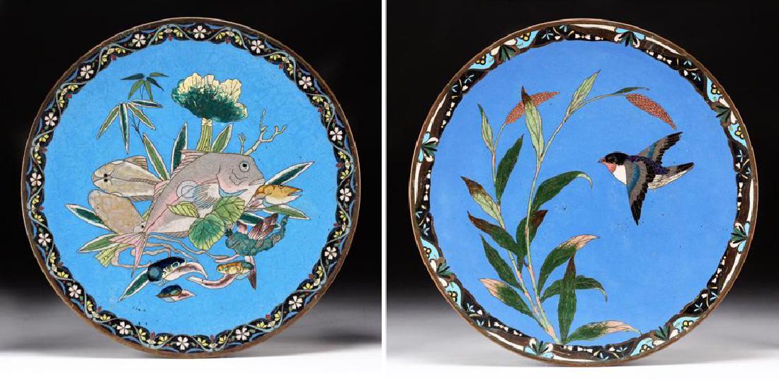 Two Japanese Meiji Period Cloisonne Chargers: Size: Diameter: 12 inches. Weight: 4 1/2 lbs. Condition: Surface scratches and a few minor chips to enamel. Very good overall condition.
