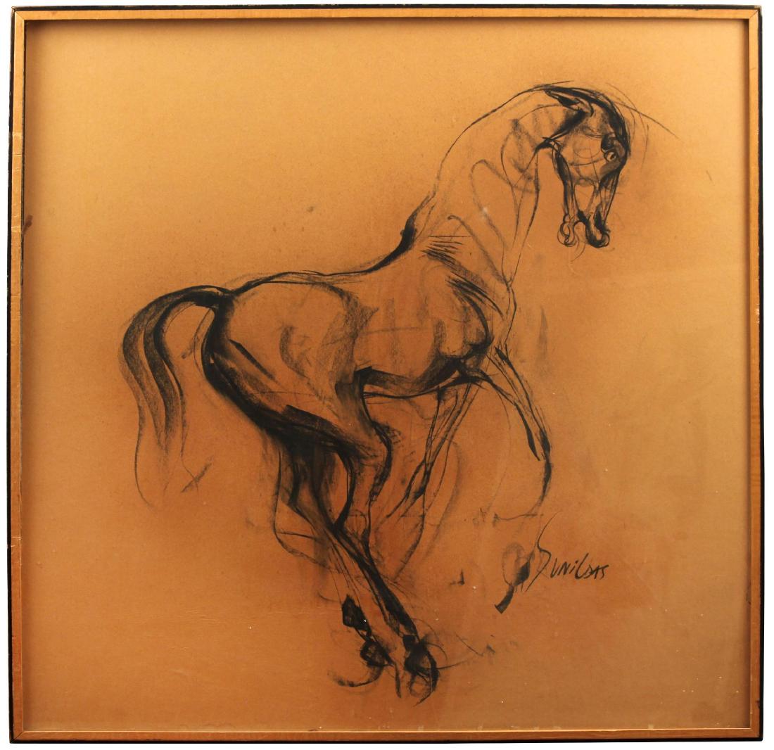 Sunil Das (Indian b.1938) Charcoal on Paper Horse: Size: Image: 28 x 28: Frame 29 x 29 Weight: 10 lbs. Condition: Toned, laid down on foam core.