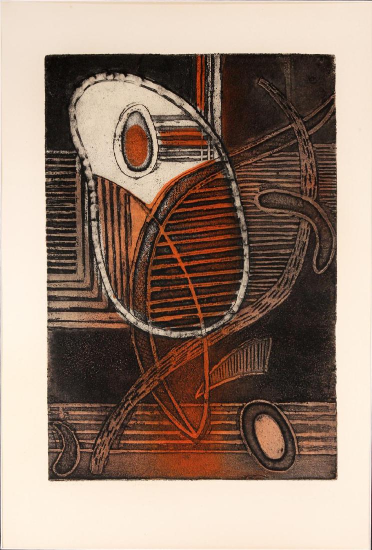 Illegibly Signed 20th C. Abstract Colored Etching: Artist signed lower right: Max ?. Edition number in pencil lower left: 22/100. Framed, matted and under glass. Sight size: 19 3/4 x 13 1/4; Frame: 28 3/4 x 21 1/4 inches. Weight: 5 lbs. Conditio