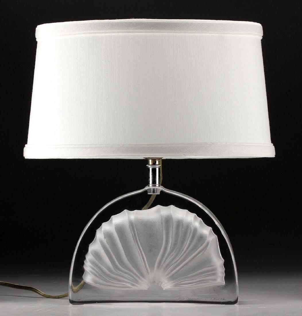 Duam France Clear & Frosted Crystal Table Lamp: Etch signed Daum France lower right. With new oval shade. Condition: Excellent Size: Crystal base: 5 1/2 inches. Height: Overall: 13 inches. Weight: 6 lbs.