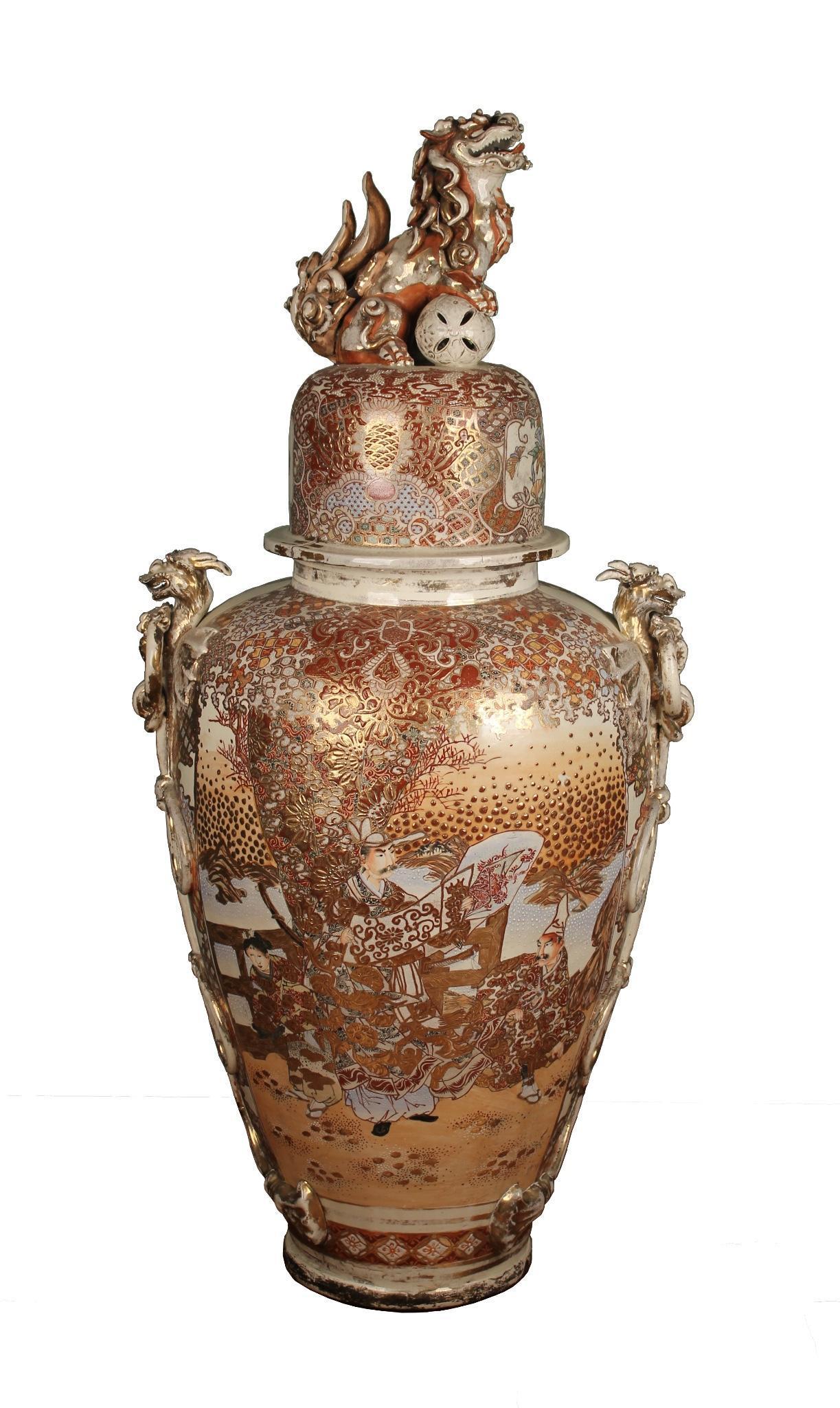 Large Japanese Meiji Period Satsuma Earthenware Floor: H: 49 1/4; W: ~23 inches. Condition: Three broken antlers. Two missing one repaired. Guilt loss. Shipping weight: 67 lbs