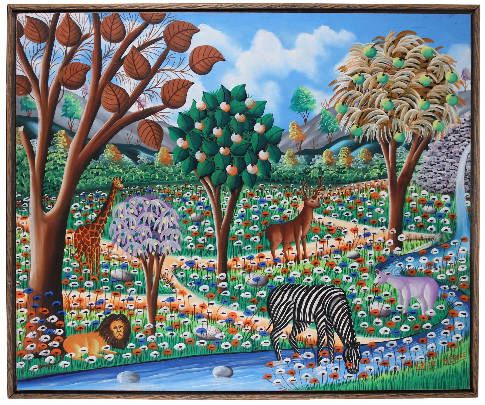 Fritz Merise (Haitian 20th C.) Oil on Masonite: Signed lower right. Canvas: H: 19 7/8; W: 24 inches. Frame: H: 20 3/4; W: 25 inches. Condition: Good. Shipping weight: 4 lbs