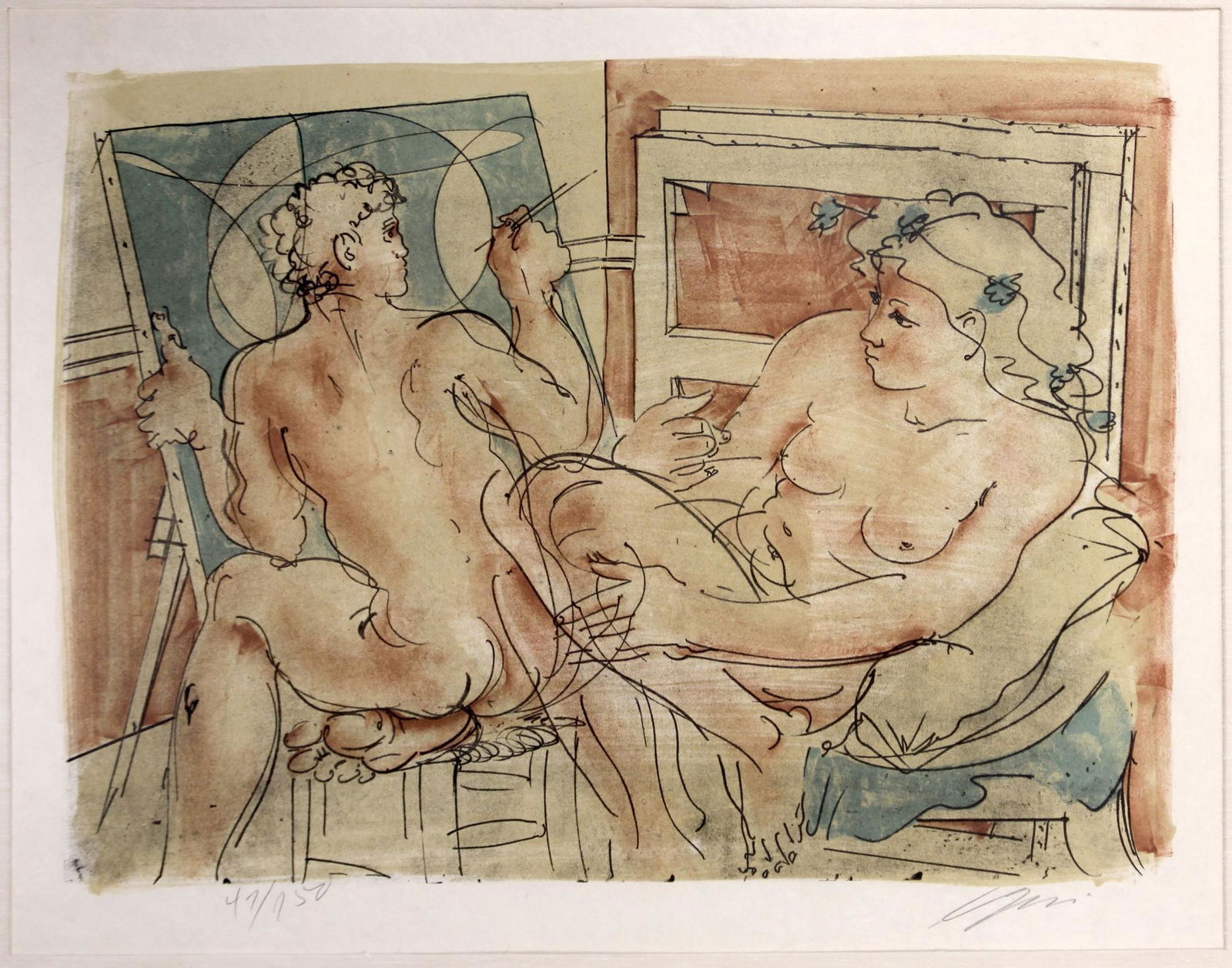 Hans Erni (Swiss 1909-2015) Print Nude & Artist: Pencil signed lower right: Erni; Edition number lower left: 47/150. Sight: H: 18 1/4; W: 23 1/2 inches. Frame: H: 27 1/8; W: 32 3/8 inches. Prov: Acquired from artist. Condition: Very good. Shipping w