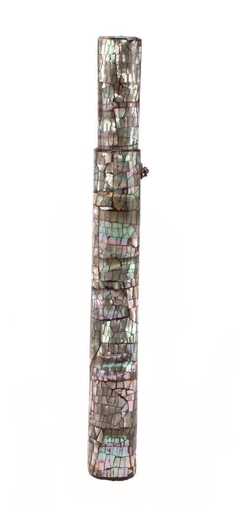Japanese Meiji Period Mother of Pearl Mounted Pipe Case: A mother of pearl mounted pipe case of rectangular oval form with a bronze mount. Height: 9 5/8 inches. Weight: 1/4 lb. Condition: End of top piece missing some mother of pearl. Scuff of surface to en