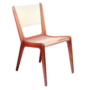 Jacques Guillon Vintage Mid Century Modern Rope Chair: The plywood cord chair designed in 1953 by Canadian desiger Jacques Guillon. Vintage stained plywood from with original rope seat and backrest. Height: 32 1/4; width: 18 1/4; depth: 22 1/2 inches. 