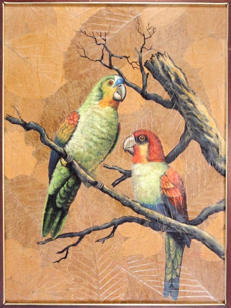 LERT (Thailand, 1970 - 1990), Mixed Media on Pressed: Ink, oil, and watercolor on a bed of pressed leaves. Signed lower right. LERT is the penname of an anonymous artist active in Thailand from approximately 1970 - 1990. While they painted with more trad