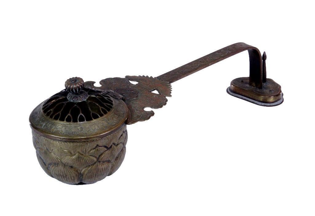 Japanese Copper Egoro Ritual Censer: The copper incised decorated and repousse Egoro censer with hinged cover of lotus form. In Japanese Buddhist rituals, the egÃ´ro, or long-handled censer, signifies the authority of the ce