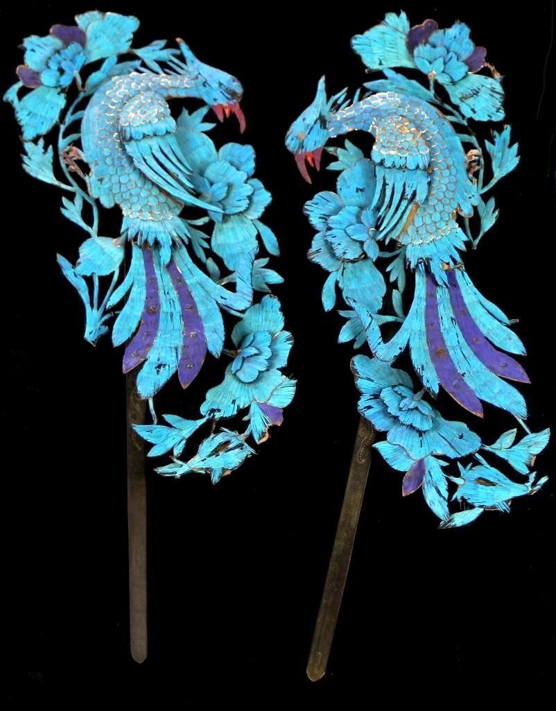 Pair of Chinese Kingfisher Feather Hair Ornaments (1 of 4)