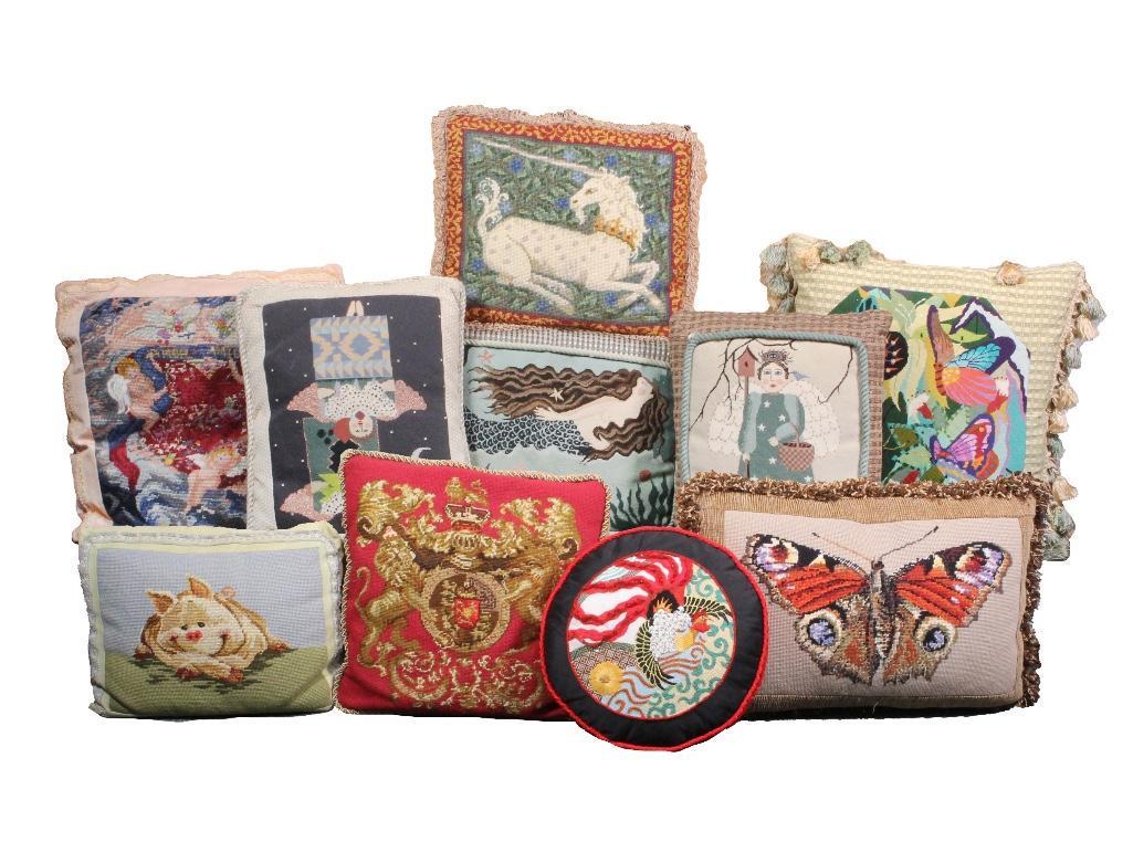 Ten Petit Point Throw Pillows: Pillows variously decorated with petit point with some signed in monogram and dated by the maker. Largest: Condtion: Good. Weight: