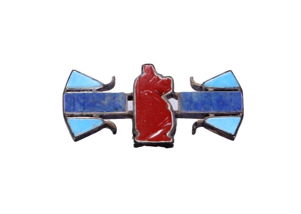 Nassar Brothers Assemble Ancient Egyptian Glass & Stone: Brooch comprised of central ancient red glass depiction of goddess Theoris found at Luxor, 18th dynasty; two pieces of lapis lazuli 18th dynasty; four blue glass faience glass 20th