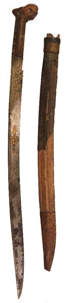 Ottoman Yatagan Sword: The Yatagan sword comprised of a embossed leather covered wood scabbard with metal end cap. The steel blade with gold inlaid mark reads, "Made by Sharif, owner is Halil Agal Year 1269,
