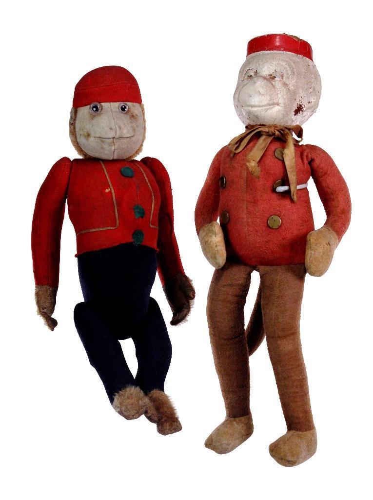 Vintage German Schuco Mohair Mechanical Bellhop Monkey: Vintage circa 1930 Schuco bellhop mechanical mohair yes-no monkey doll and another composition-head monkey doll. Both with metal stands. Size of tallest without stand: 13 inches. Weight: 1 3/4 lbs. Co