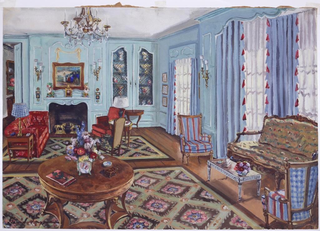 Illegibly Signed (20th C.) Gouache on Paper Parlor (1 of 4)