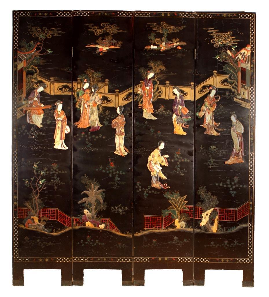 Chinese Stone inlaid Lacquer Four Panel Folding Screen.: The four panel lacquered folding screen with overall scenes of ladies in courtyard . Depicted with inset soapstone with bone carved faces. The reverse decorated with birds and flowers. Height: 72 inch