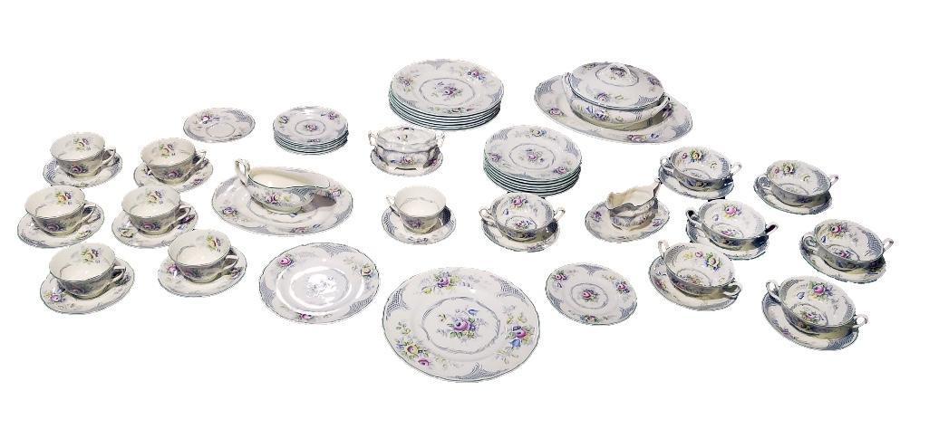 60 Piece Royal Doulton Fine Bone China, Old Chelsea: 60-piece dinnerware set of Royal Doulton fine bone china. The pattern of Old Chelsea is adapted from a design from the Chelsea porcelain factory in 1790. Set includes: - Tureen & Platter - Gravy