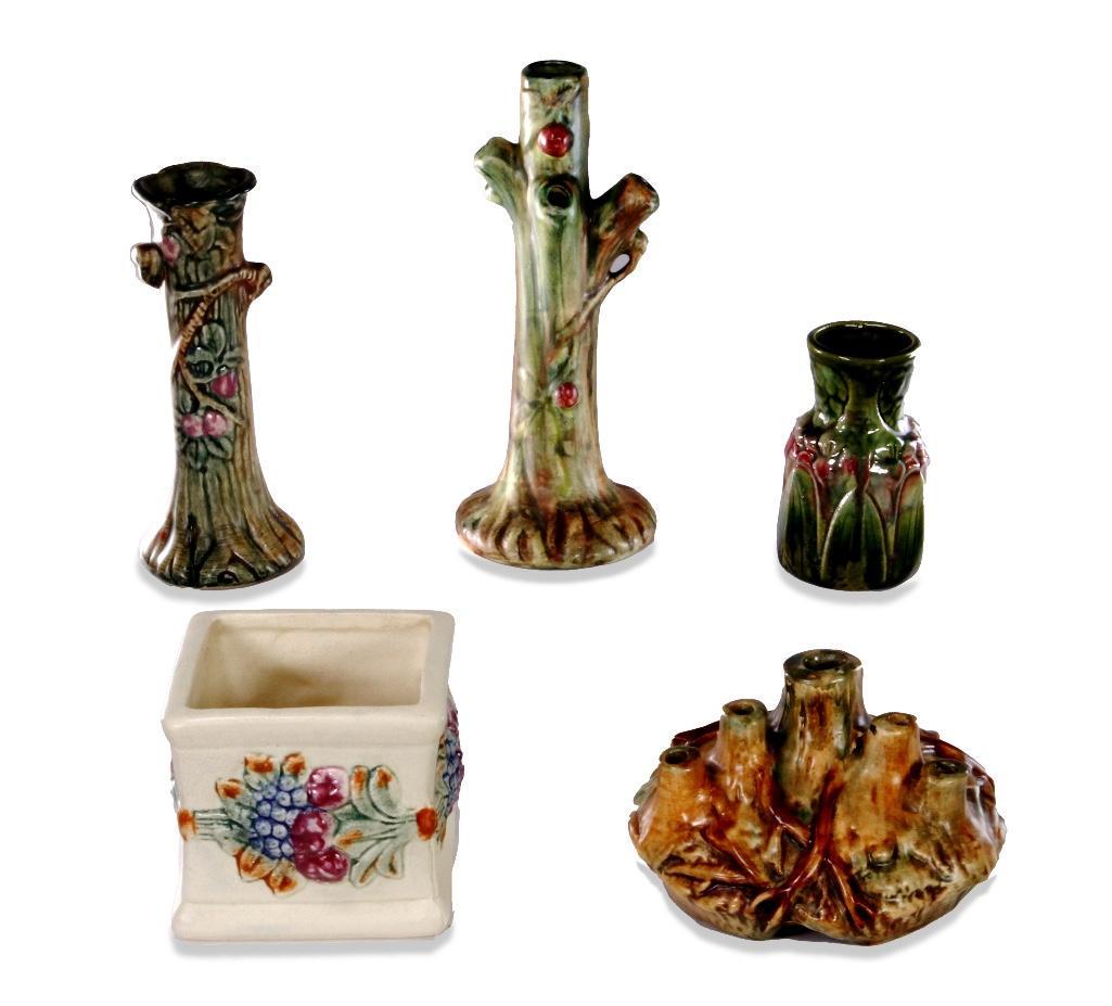 Five Weller-Style Woodwork Ceramic Pieces (1 of 12)