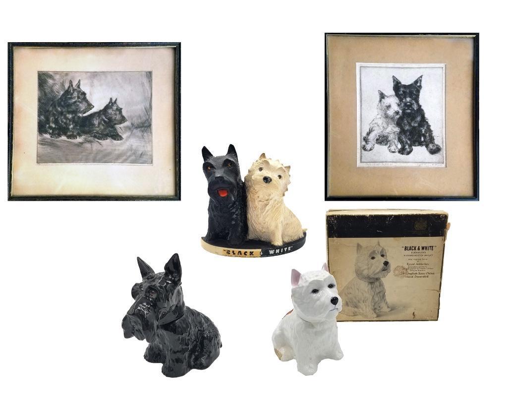 Five Pieces Of Scotty Dog Memorabilia: Lot of five Scotty Dog memorobilia items. Includes two porcelain flasks produced for Buchanan's Black & White blended scotch whiskey (West Highland Terrir with original box), carved wooden advertiseme
