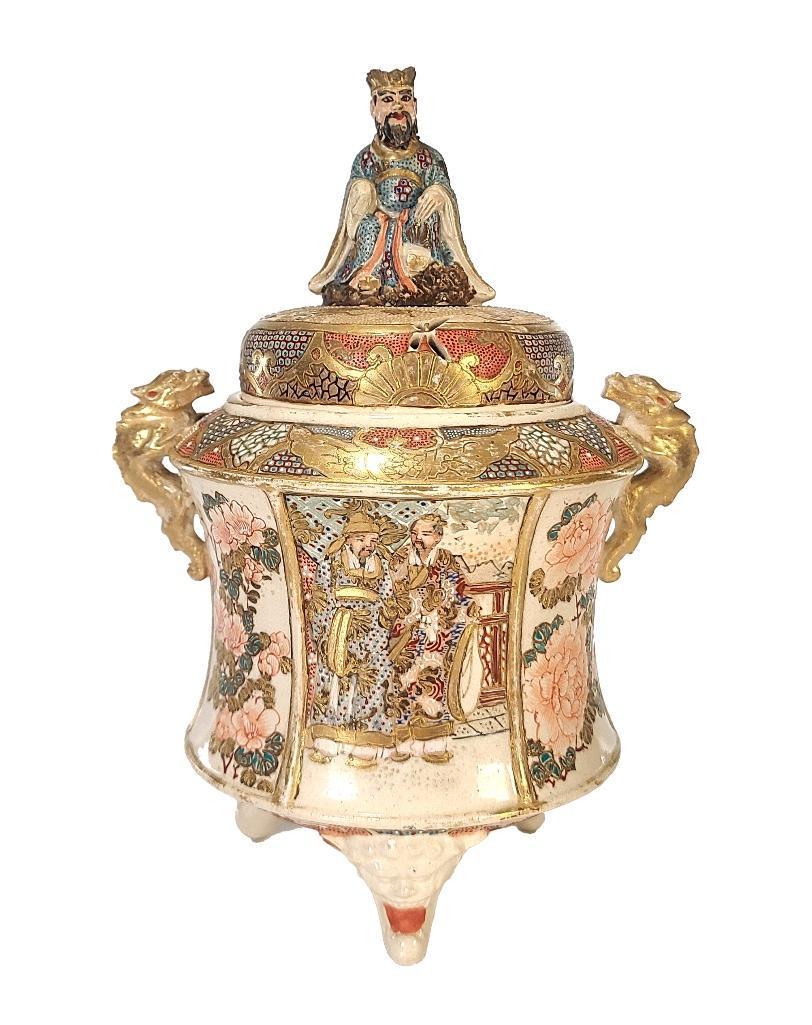 Japanese Meiji Period Kyoto Satsuma Earthenware Censer: Height: 9 1/2 inches Width: 6 1/2 inches Weight: 2 lbs. Condition: Good.
