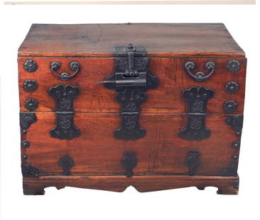 Korean 19th C. Blanket Chest: Wood chest with iron mounts. Height: 24 inches. Width: 34 inches. Depth: 16 inches. Condition: Typical condition for age. Some wear, wood loss.