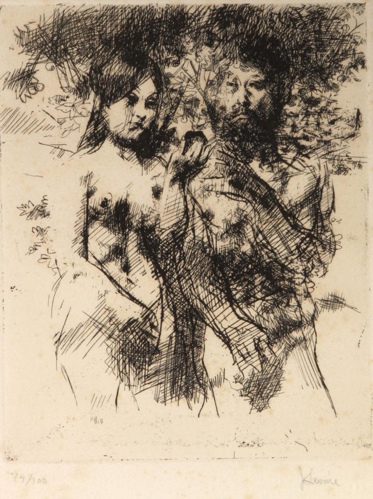 Jack Levine (American, 1915-2010) Etching Adam & Eve: Framed, under glass. Numbered 74/100 lower left. Signed J Levine lower right. Frame: 24 1/2 x 17 inches Sight: 9 1/4 x 8 inches Condition: Good Artist Biography: Jack Levine was an American